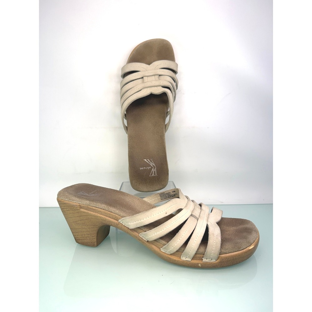 White mt. cream suede strappy wooden heel mule sandals boho chic sz 10 summer‎